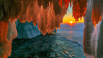 Lake sunset, Ice cave, Baikal serenity, Mesmerizing beauty HD wallpaper