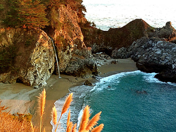 McWay falls, glow, coast, nice, beach, shore, waves, water, sea, Mcway, fall, beautiful, rocks, stones, summer, falling, cliffs, pretty, view, waterfall, nature, flowers, lovely HD wallpaper