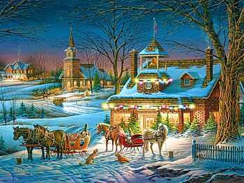 Evening rehearsals, winter, horse, art, house, peaceful, rehearsal, painting, snow, christmas, evening, village HD wallpaper