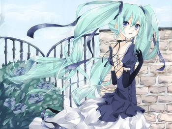 Hatsune Miku, ribbons, girl, vocaloid, twin tails, miku, anime, looking away, hatsune, blue dress HD wallpaper