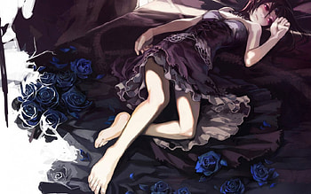 On bed, rose, bed, girl, long hair, dress HD wallpaper