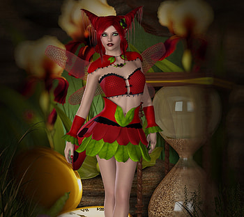 ✼Precious Moment of Love✼, colorful, iris flowers, beloved valentines, plants, colors, digital art, dress, charm, bright, trees, grass floor, female, wings, sweet, model, ladybug, beautiful, premade BG, grass, rocks, mixed media, leaves, fantasy, pretty, green, red, leaf, girls, redhead, lovely, hair HD wallpaper