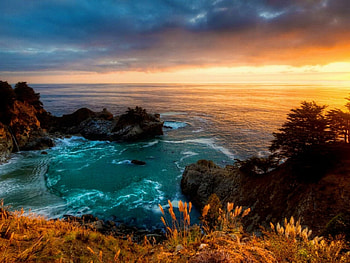 McWay falls, falls, sea, coast, bay, beautiful, beach, waterfall, view, sky, sunset HD wallpaper