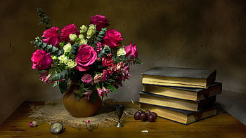Floral Still Life, flowers, roses, watch, books, bouquet, grapes HD wallpaper
