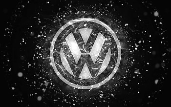 Volkswagen white logo, , white neon lights, creative, black abstract background, Volkswagen logo, cars brands, Volkswagen HD wallpaper