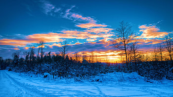 Winter Evening, snow, clouds, colors, trees, sky, sunset, lake HD wallpaper