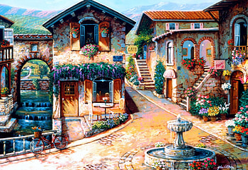 The Fountain on the Square, road, painting, houses, village, flowers HD wallpaper