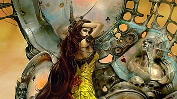 fantasy girl, skull, girl, fantasy, brunette HD wallpaper