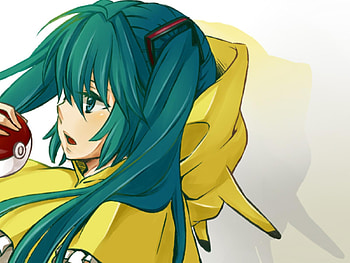 Pokemon Trainer Miku, awesome, nice, hatsune, aqua eyes, beautifu, white, hatsune miku, twintail, girl, singer, aqua, anime, pretty, ears, virtual, blue, hoodie, song, cute, vocaloid, beauty, miku, music, vocaloids, program, diva, pikachu, aqua hair, red, yellow, cool, pokeball, idol, pokemon HD wallpaper