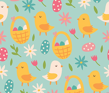 Pattern, egg, basket, blue, yellow, texture, easter, chick HD wallpaper