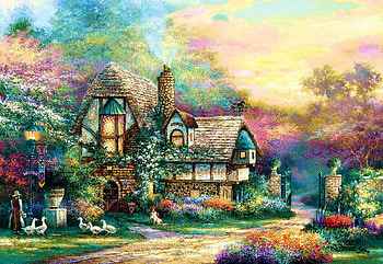 Weekend Retreat, dog, artwork, painting, trees, cottage, flowers, geese HD wallpaper