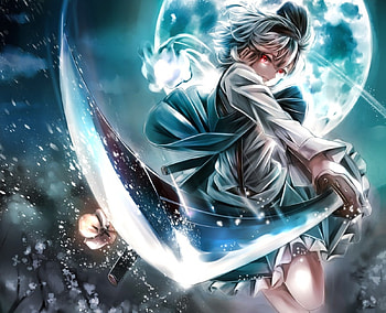 Touhou, night, blue, figth, stars, dress, beauty, lady, moon, female, white, art, sword, beautiful, woman, anime girl, anime, flowers, irl, katana HD wallpaper