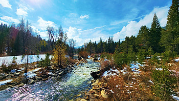 Blackwood Creek, Tahoe, California, snow, usa, clouds, landscape, trees, sky, water HD wallpaper