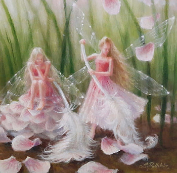 Spring Cleaning, art, lynne bellchamber, girl, spring, fairy, pink, painting, green, petals, luminos HD wallpaper