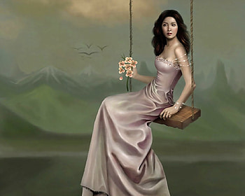 Flowers, birds, fantasy, brunette, girl HD wallpaper