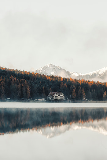 Nature, Mountains, Lake, Shore, Bank, Forest, House HD phone wallpaper