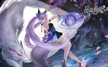 Fox girl, blue, vulpe, ahri, girl, fox, tail, pink, fantasy, magical, ball, luminos HD wallpaper