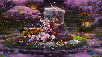 Her Dream Place, island, flute, musician, art, , girl, woman, digital, fantasy, pretty, deer, flowers HD wallpaper