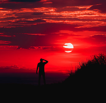 Silhouette Of Man During Red Sun, silhouette, man, sun, nature HD wallpaper