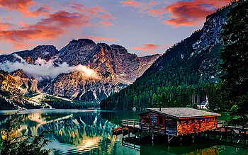 Cabin at the Lake, trees, sky, mountains, water, reflections HD wallpaper