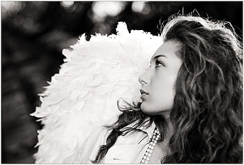 angel beauty, wings, pretty, black and white, angel, graph, woman HD wallpaper