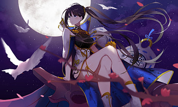 Mirror of illusion, night, scenery, cg, moon, game, girl, long hair HD wallpaper