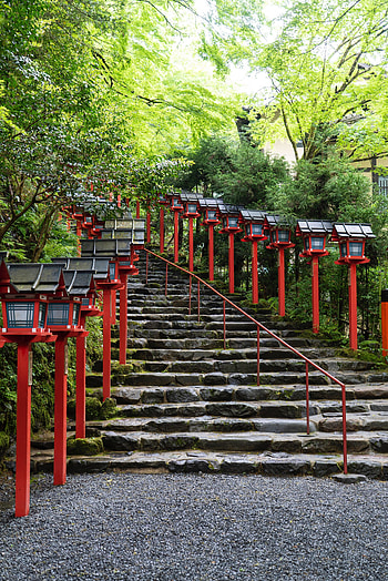Rock stairs of hill, street lamps HD phone wallpaper