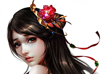 Fantasy girl, white, asian, girl, beauty, woman, fantasy, flower, red, face HD wallpaper