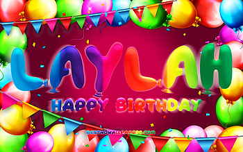 Happy Birtay Laylah, , colorful balloon frame, Laylah name, purple background, Laylah Happy Birtay, Laylah Birtay, popular american female names, Birtay concept, Laylah HD wallpaper