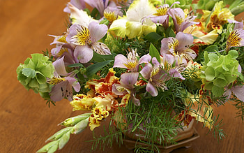 Flowers, Lilies, Gladiolus, Greens, Composition, Ikebana HD wallpaper