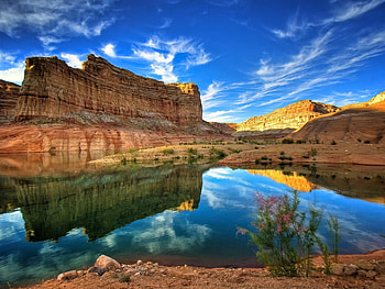 Reflection series the Rock, river, mirror, colors, mountain, lake, reflection, desrt, clouds, nature, sky, water HD wallpaper