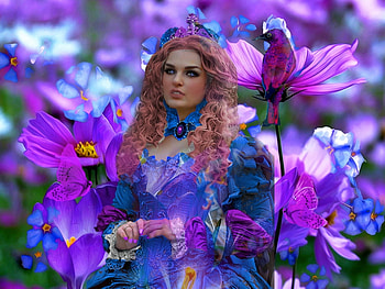 Colorful Royale, beauty, putplr, colorful, blue, white, vibrant, bird, girl, butterflies, vivid, green, bright, bold, redhead HD wallpaper