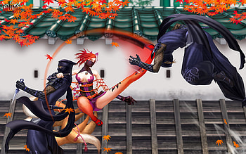 Fighter Ninja Girl, sword, ninja, kick, tattoo, two boys, anime girl, video game, fighter, leaf, knife, katana, male, big breasts, female HD wallpaper