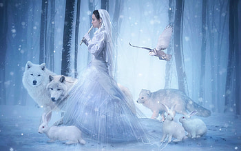 Winter Fantasy, blue, white, flute, wolves, owl, music, Winter, fantasy, fantasy girl, animals, Rabbits, ethereal, forest HD wallpaper