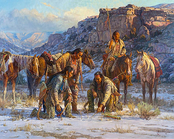 Plans against the Pecunies, artwork, horses, painting, natives, people, mountains HD wallpaper