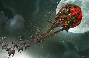 North Sleigh, christian scheurer, craciun, rise of the guardians, reindeer, planet, moon, fantasy, christmas, red, luna, sky, luminos HD wallpaper
