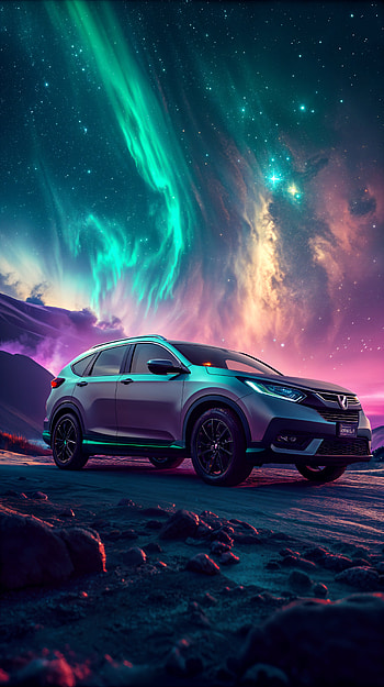 Honda SUV with Vibrant Northern Lights Backdrop, car, Northern Lights, night, landscape HD phone wallpaper