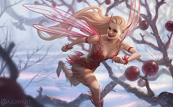 Mischievous fairy, winter, frumusete, white, art, running, alexandra jury, berry, girl, fairy, fantasy, red, snow, iarna, fruit, luminos HD wallpaper