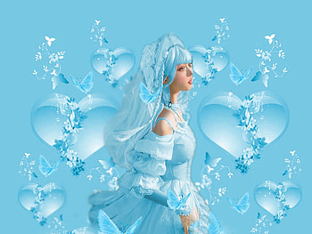 Baby Blue, white, soft, hearts, girl, dress, hat, blue, butterflies, delicate, lovely HD wallpaper