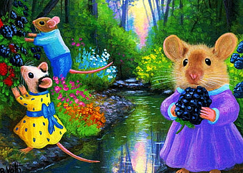 Blackberry Picking Time, artwork, painting, blackberries, trees, mice, bush, water HD wallpaper