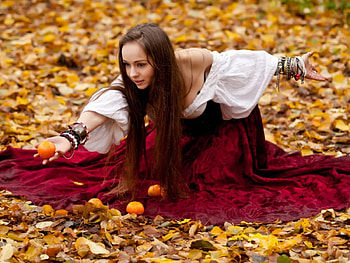 Autumn Beauty, model, leaves, fruits, girl, forest, beauty HD wallpaper