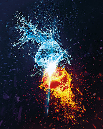 Water, Art, Flame, Sparks, Spray, Hands, Confrontation, Opposition, Battle HD phone wallpaper