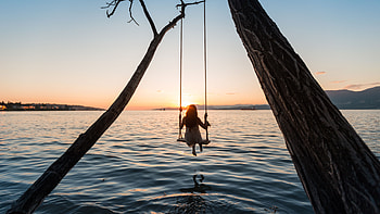 Nature, Rivers, Sunset, Lake, Girl, Swing HD wallpaper