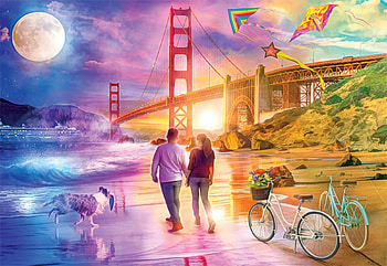 Golden Gate Dawn 'til Dusk, people, moon, artwork, painting, bridge, colors HD wallpaper