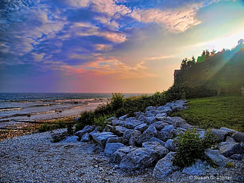 A New Day Begins, clouds, trees, rocks, sunrise, beach HD wallpaper