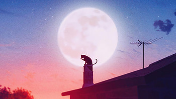 Cat Roof Big Moon , cat, artist, artwork, digital-art HD wallpaper