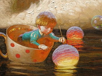 Lanterns, art, cup, orange, copil, lake, painting, fantasy, boy, light, pictura, victor nizovtsev, lantern, water, child HD wallpaper