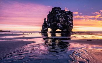 A fiery sunrise at the Rhino rock in Iceland, clouds, colors, sea, sky HD wallpaper