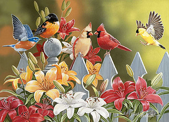 Birds on a fence, blossoms, cardinals, painting, colors, finches, flowers, lilies HD wallpaper