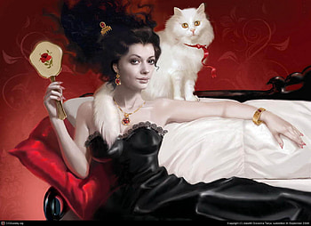 Relaxed Elegance, mirror, white, art, brunette, jewellery, ribbon, divan, couch, cat, strapless, woman, black gown, red, cushions HD wallpaper